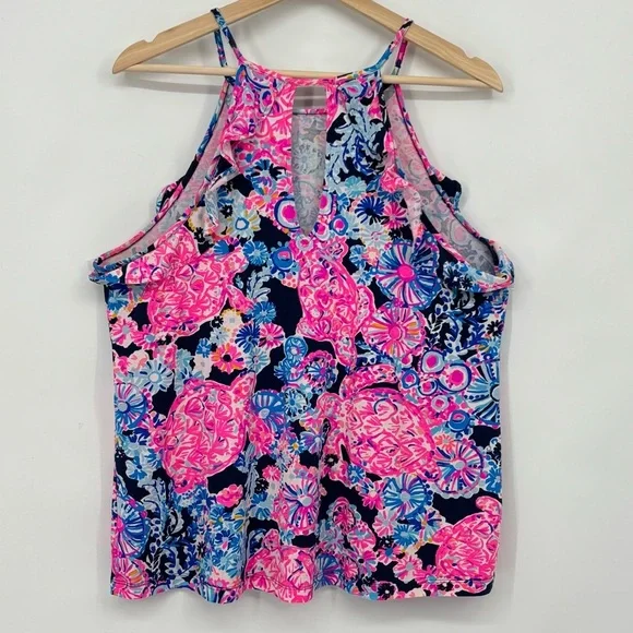 Lilly Pulitzer Billie high tide turtle print Halter Neck tank Top Large Ruffle - Picture 4 of 10